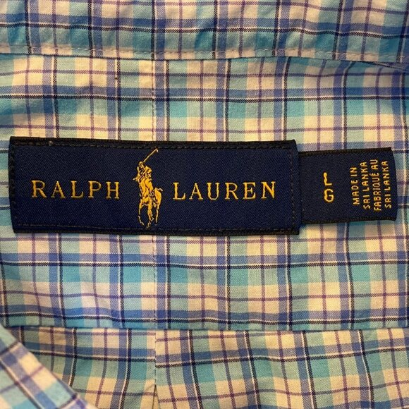 Polo Ralph Lauren Mens Shirt Large Blue Green Plaid Long-Sleeve Button-Down 100% - Picture 5 of 9
